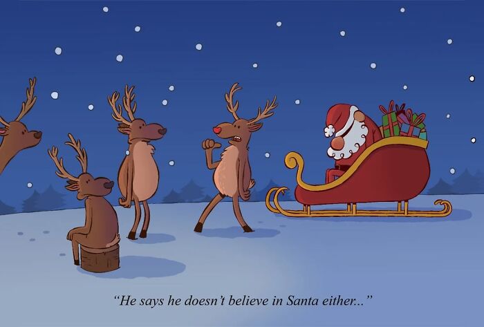 Reindeer discussing disbelief in Santa next to a sleigh.
