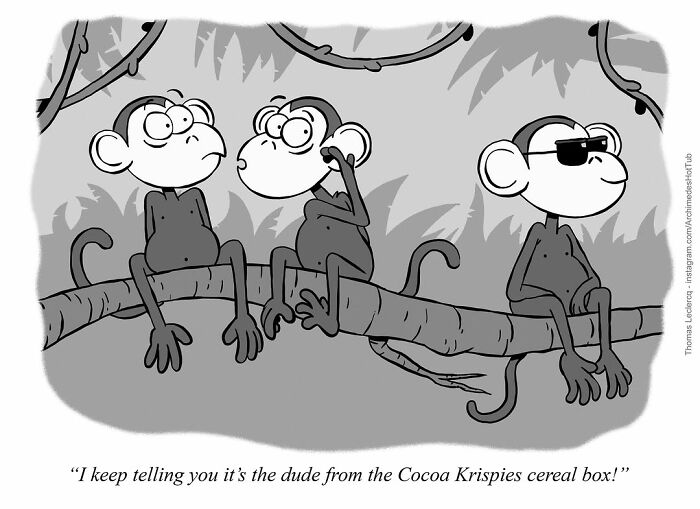 Cartoon by Thomas Leclercq featuring three monkeys on a branch discussing a cereal box character.