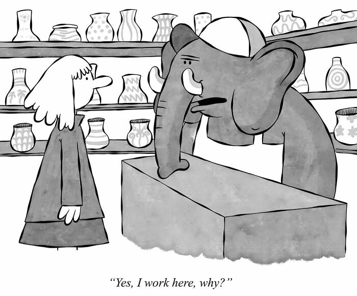 Elephant in a shop talking to a woman. Shelves filled with pottery in the background. Existential cartoon theme.