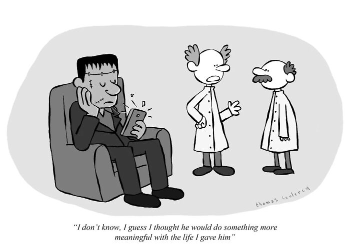 Cartoon by Thomas Leclercq: A creature with stitches on a chair using a phone, two scientists discuss nearby.