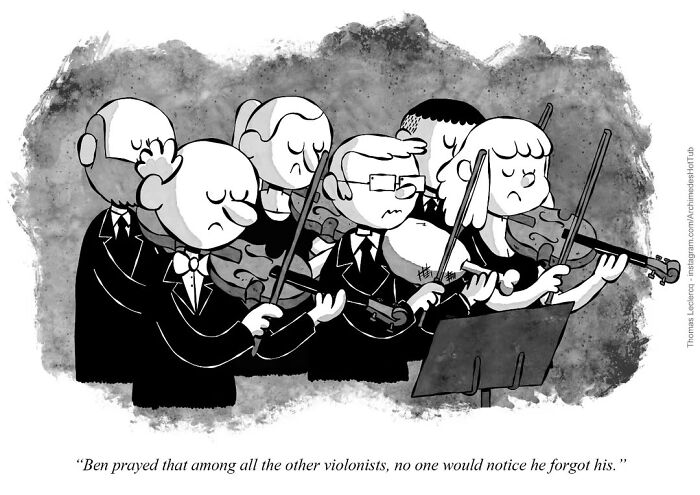 Violinists playing passionately, one looks nervous without a violin. Existential humor by Thomas Leclercq.