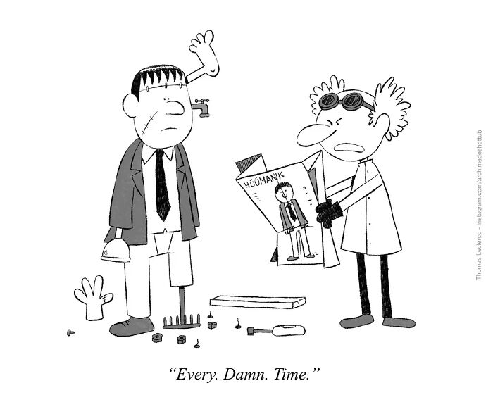 Cartoon of a scientist holding instructions, frustrated next to a misassembled figure in a suit.