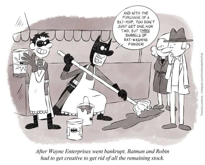 Existential cartoon showing Batman and Robin selling cleaning supplies with speech bubble promoting bat-themed products.