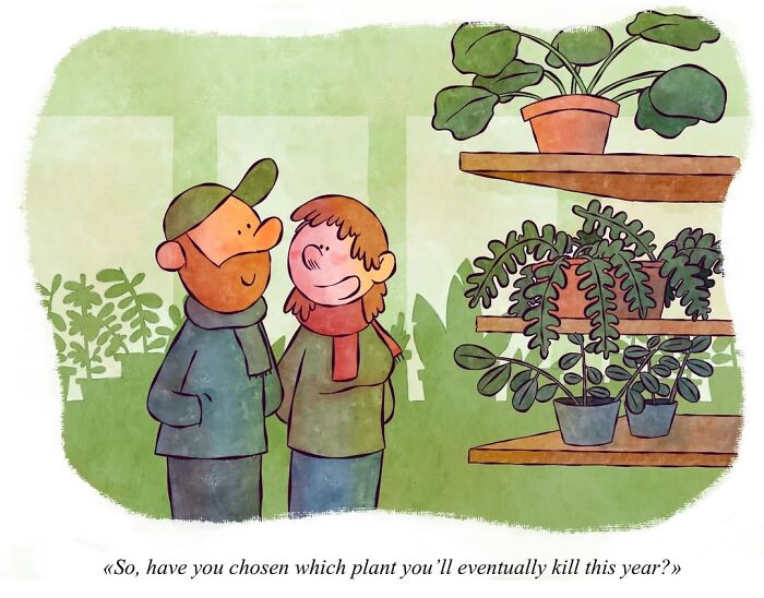 Cartoon shows a couple in a plant shop humorously discussing which plant they might k**l, reflecting on existential themes.