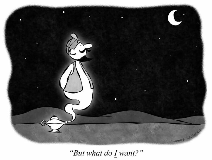 Genie pondering under the night sky, illustrating an existential cartoon by Thomas Leclercq.