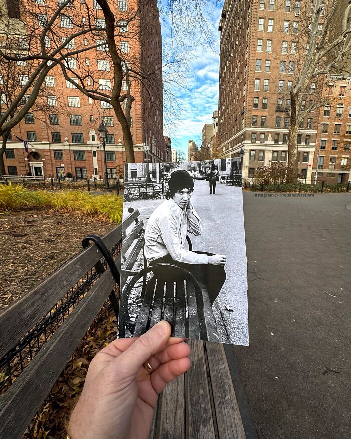 Side by side shot of iconic location and legend, captured by Steve Birnbaum, with a park bench and city buildings.