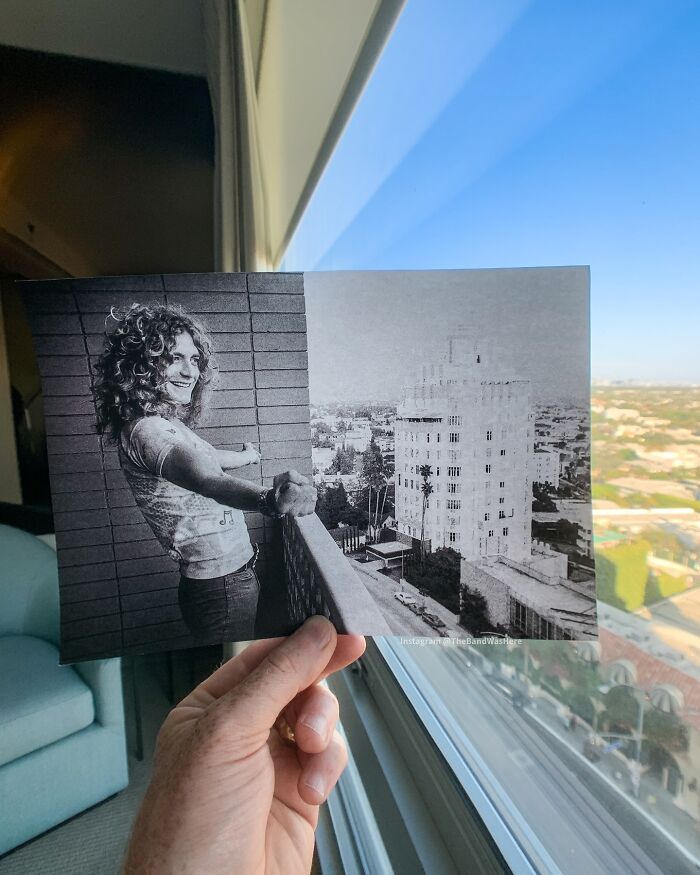 Side-by-side photo of iconic location and smiling figure on a balcony, capturing nostalgic urban scenery.
