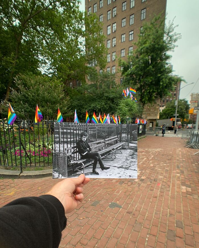 A black and white photo of an iconic location held up against the real site with rainbow flags, by Steve Birnbaum.