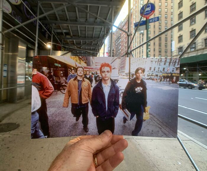 Side by side shot of an iconic street location with a historical photo held up by Steve Birnbaum.