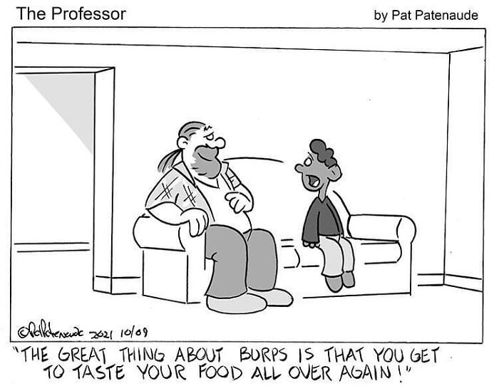 Funny one-panel comic by Pat Patenaude showing a man and child discussing absurd situations on a couch.