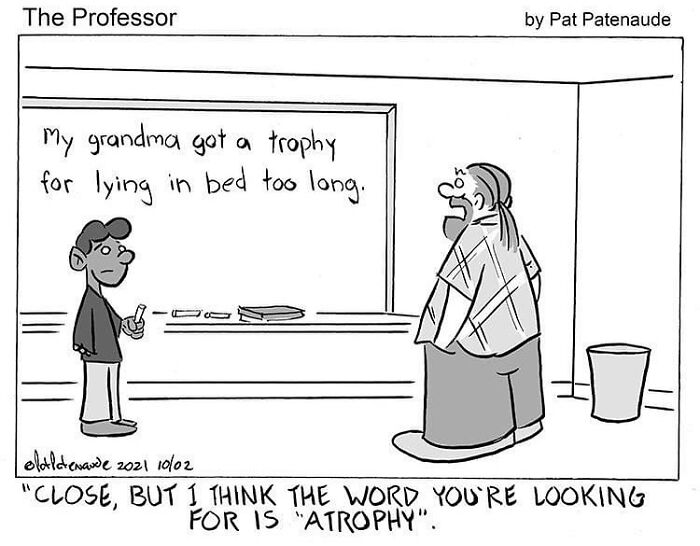 Funny one-panel comic with absurd situation of a professor correcting a student about a grandma's trophy.
