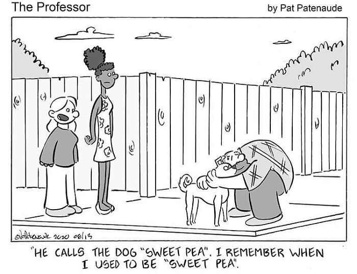 Black and white one-panel comic by Pat Patenaude showing a man hugging a dog in an absurd, funny situation.