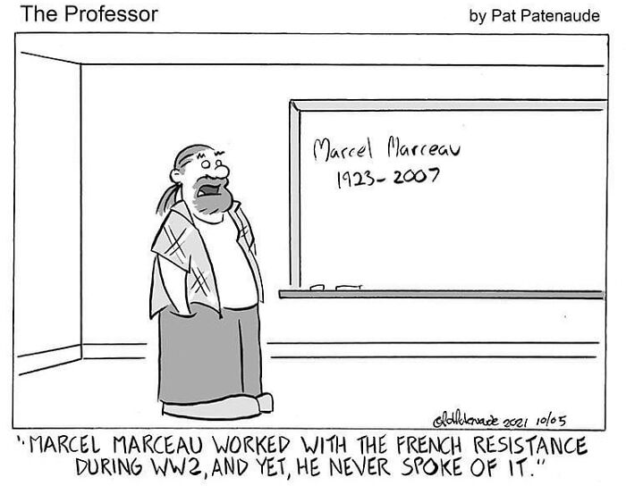 One-panel comic by Pat Patenaude humorously depicting a professor discussing absurd historical facts in a funny comic.