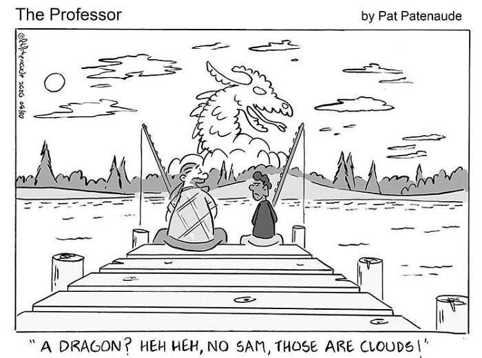 One-panel comic by Pat Patenaude showing two people fishing with absurd dragon-shaped clouds in the sky.