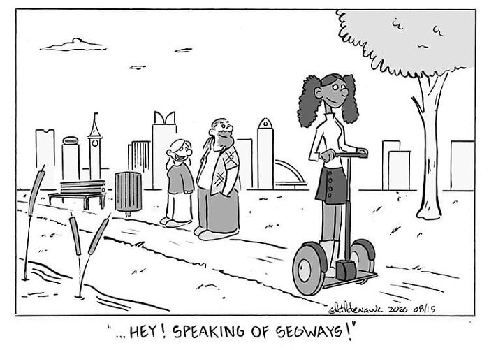 Black and white comic panel showing a woman riding a Segway in a park with two people watching, featuring absurd humor.