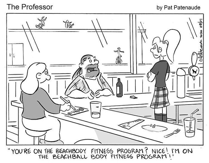 One-panel comic by Pat Patenaude showing absurd fitness programs in a funny and absurd situation at a bar counter.