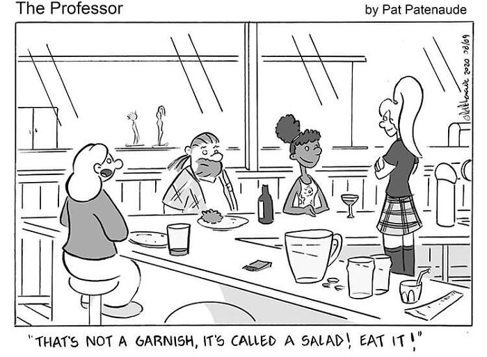 Cartoonist's comic features humorous dining scene with friends discussing salad as a garnish in a positive setting.