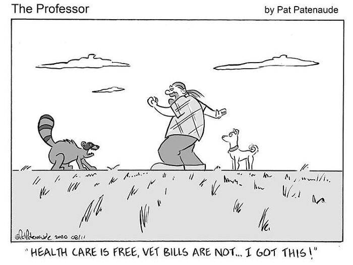 Absurd one-panel comic by Pat Patenaude shows a man confronting a raccoon while a dog watches in a funny situation.
