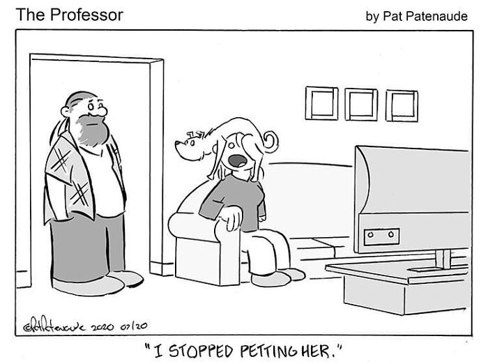 One-panel comic featuring absurd situations with a man watching TV and a dog sitting on his head.