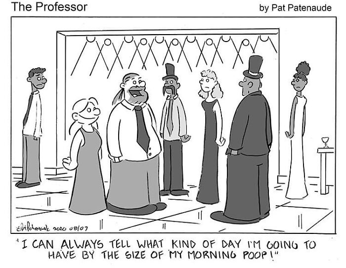 Cartoonist comic panel depicting a humorous, positive scene at a formal gathering with guests chatting.