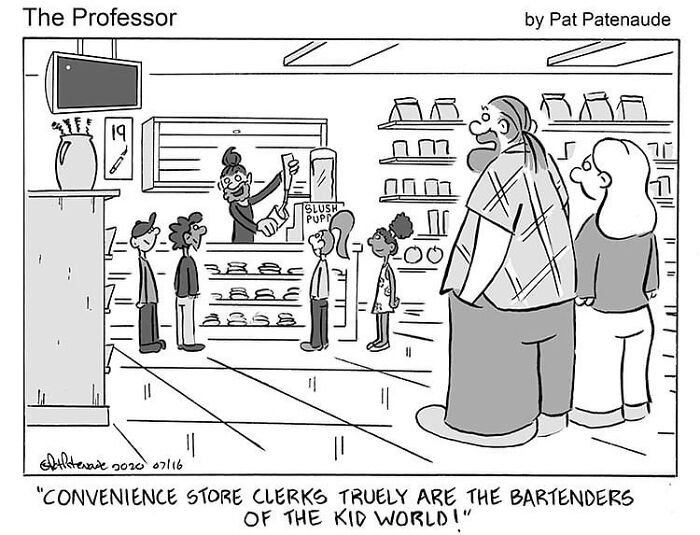 One-panel comic showing a convenience store scene illustrating funny absurd situations by a talented artist.
