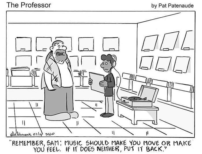 One-panel comic by artist Pat Patenaude featuring an absurd situation about music advice in a record store.