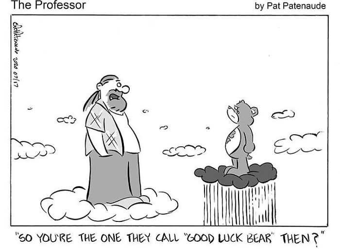 One-panel comic featuring absurd situations with a man on a cloud talking to a bear on a pedestal.