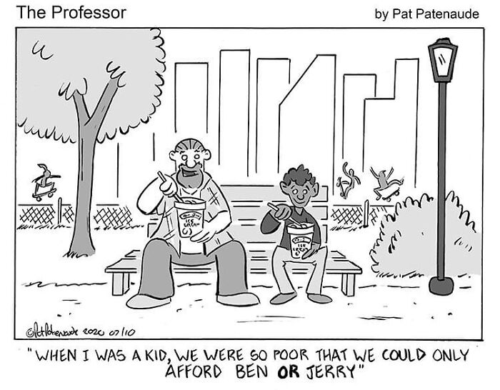 Funny one-panel comic by Pat Patenaude shows two people eating ice cream in an absurd situation in a city park setting.