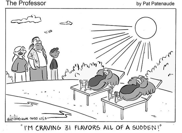 One-panel comic by Pat Patenaude showing two birds sunbathing with people watching, featuring funny absurd situations.