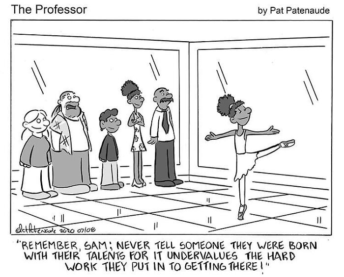 One-panel comic by Pat Patenaude showing a ballet dancer performing while others watch, depicting absurd funny situations.