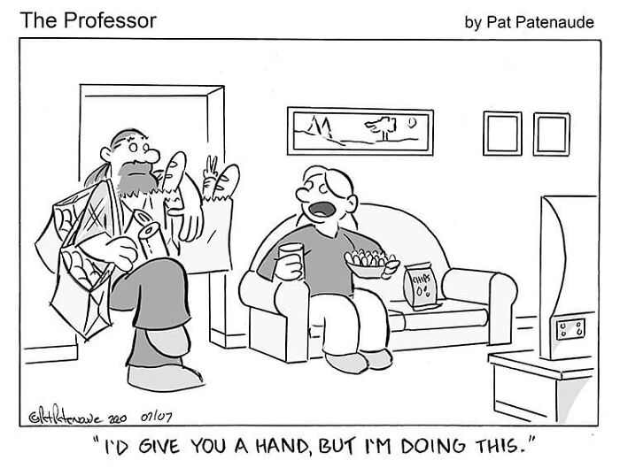 One-panel comic by Pat Patenaude showing a funny absurd situation with a man on the couch and another holding groceries.