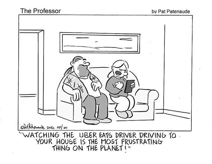 One-panel comic featuring absurd situations with a man and woman on a couch discussing Uber Eats and driving frustration.