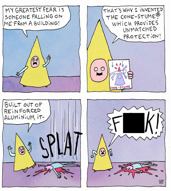 Comic by Pierre Mortel shows a character wearing a cone costume to avoid being crushed by a falling person.
