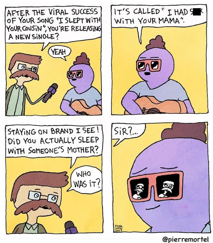 Comic by Pierre Mortel featuring a musician discussing absurd song titles in an interview setting.