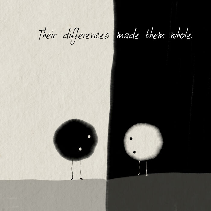 Simplicity in illustration shows two figures, black and white, with the text "Their differences made them whole."