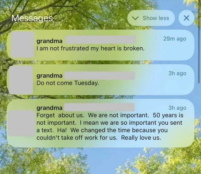 Awkward text messages from grandma expressing disappointment and broken heart over canceled plans.