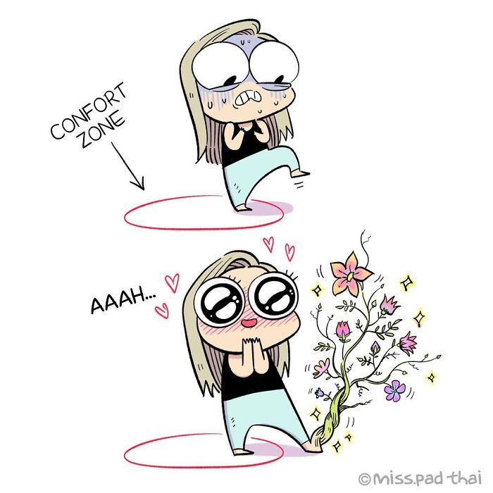 Woman cartoon nervously stepping out of comfort zone barefoot onto blooming flowers, funny comics about single childfree lifestyle.