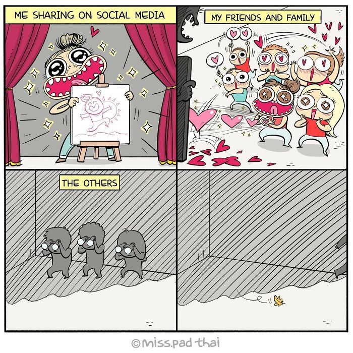 Funny comic showing a woman sharing on social media with varied reactions from friends, family, and strangers.