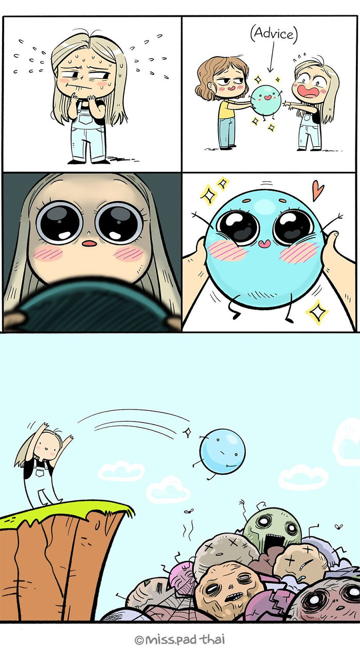 Comic panels showing a woman in her 30s dealing with advice as a cute blue ball, symbolizing funny comics about the single, childfree lifestyle.