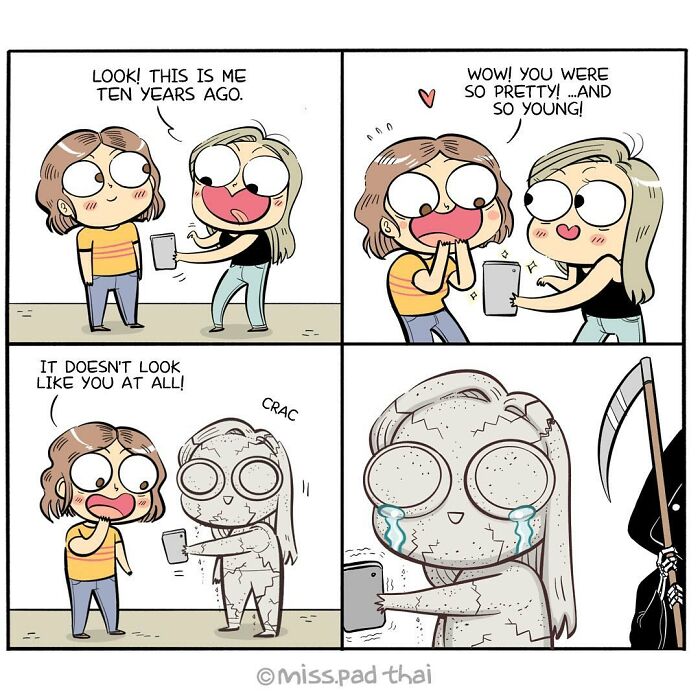 Comic panels showing humorous moments about the single childfree lifestyle of women in their 30s, illustrated by Miss Pad Thai.