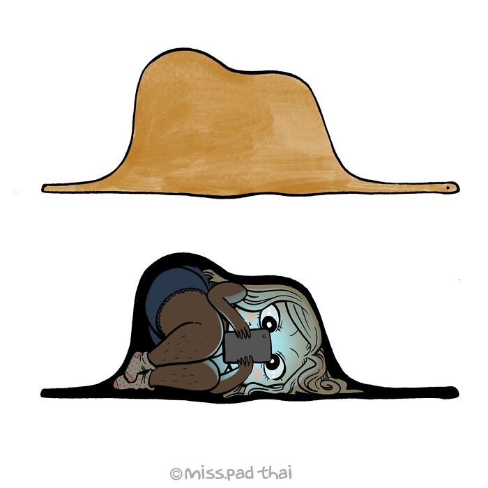 Comic illustration of a woman in her 30s hiding and using a phone, exploring the single childfree lifestyle humorously.