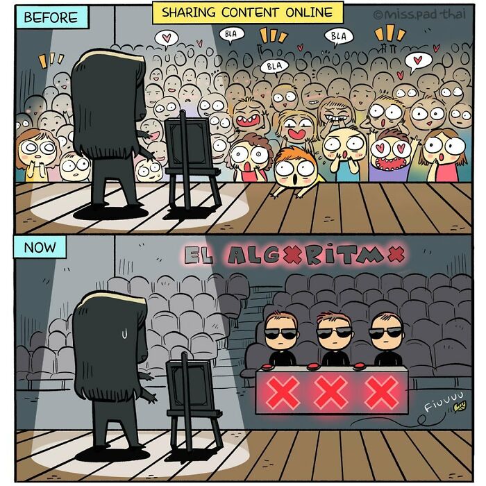 Comic illustrating contrast in sharing content online before and now, reflecting the single, childfree lifestyle of women in their 30s.