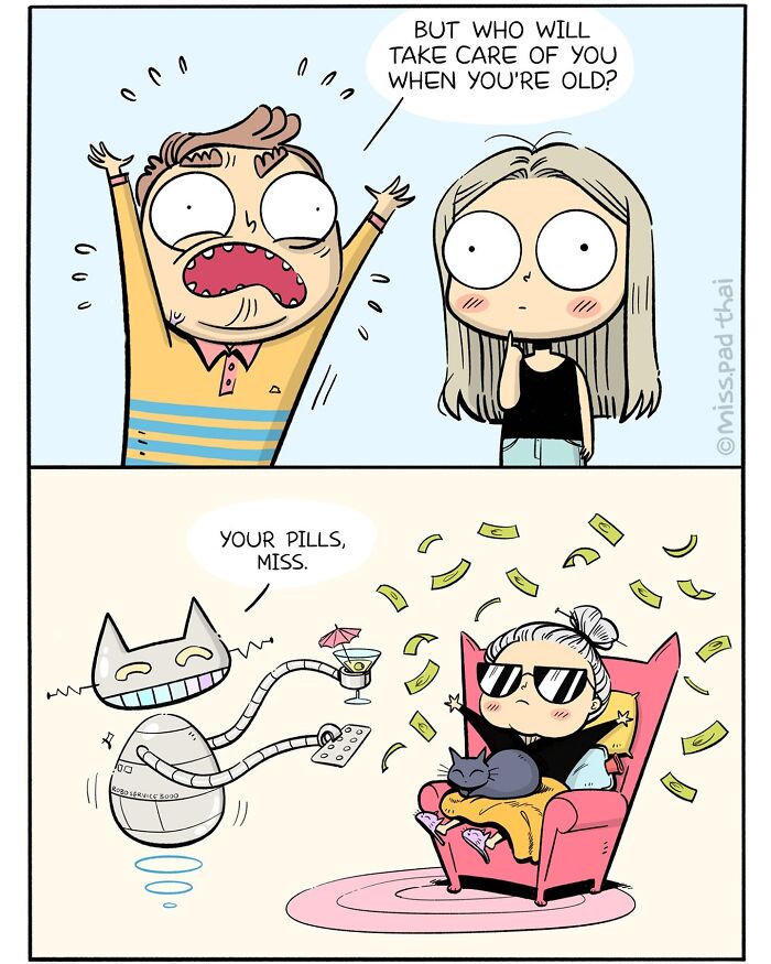 Comic panel depicting the single, childfree lifestyle of women in their 30s with humor and a robotic caretaker.