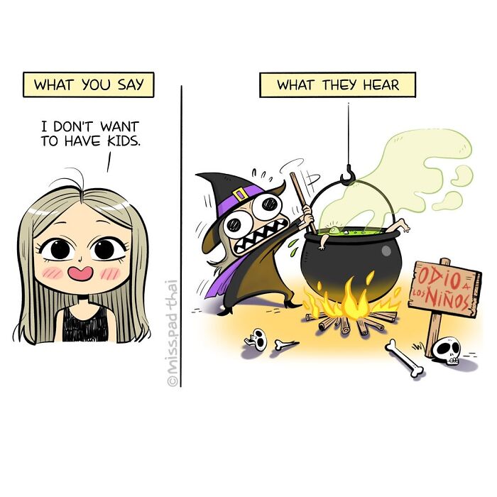 Comic of independent woman saying she doesn't want kids; depicted as cooking in a cauldron in humorous exaggeration.