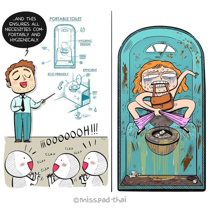 Comic by Miss Pad Thai: A woman struggling with a portable toilet, amusing audience clapping in the background.