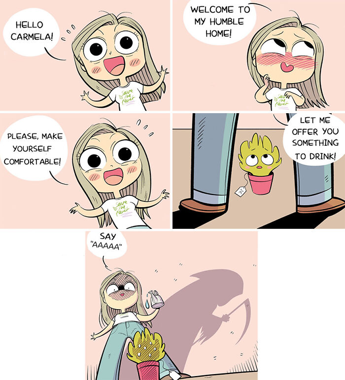 Comic panels showing a funny scene exploring the single, childfree lifestyle of a woman in her 30s with humorous plant care.