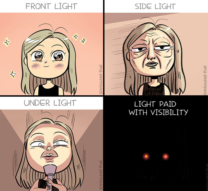 Funny comics showing a woman’s exaggerated facial expressions under different lighting, exploring the single, childfree lifestyle.