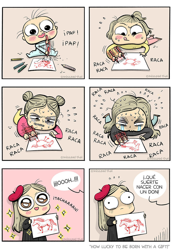 Comic panels showing a woman progressing through intense drawing stages in a funny single, childfree lifestyle comic.