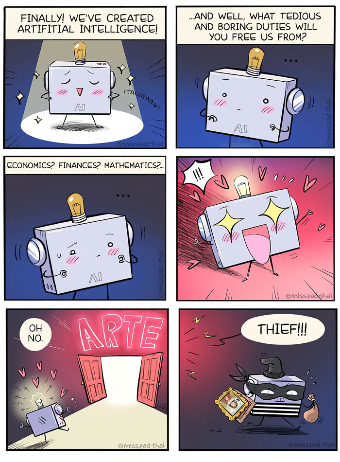 Comic strip featuring a cute AI robot exploring funny single, childfree lifestyle themes for women in their 30s.