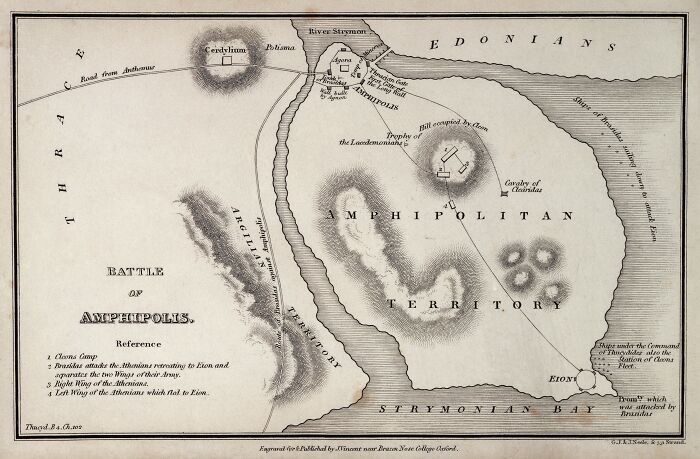 Map depicting the Battle of Amphipolis, showing strategic points, territory lines, and movements involved in surprising war victories.